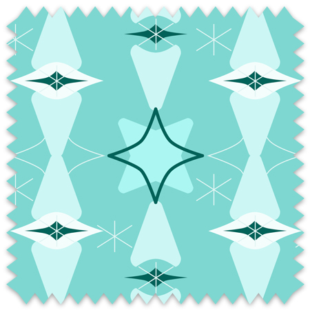 This design layers rich teals and soft greens into a rhythmic, symmetrical composition inspired by Mid Century Modern shapes. Abstract floral and star-like forms interact with slender gold lines, creating a textured harmony that balances organic curves with geometric precision. The repeating pattern is thoughtfully crafted to bring vibrant yet refined energy to fabric and wallpaper, perfect for adding a touch of timeless elegance to any space.